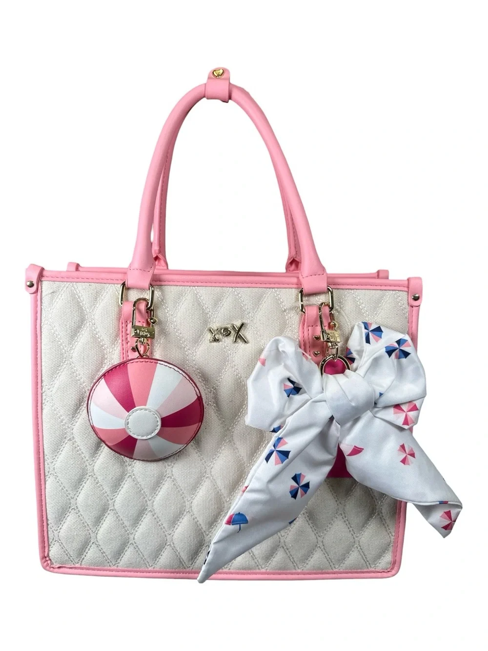 Betsey Johnson White Quilted Tote with Pink Trim and Bow Accent